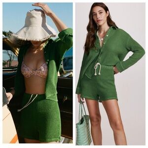 ANTHROPOLOGIE DONNI Waffle Shorts Set Women Size Medium Kelly Green Comfy Cotton